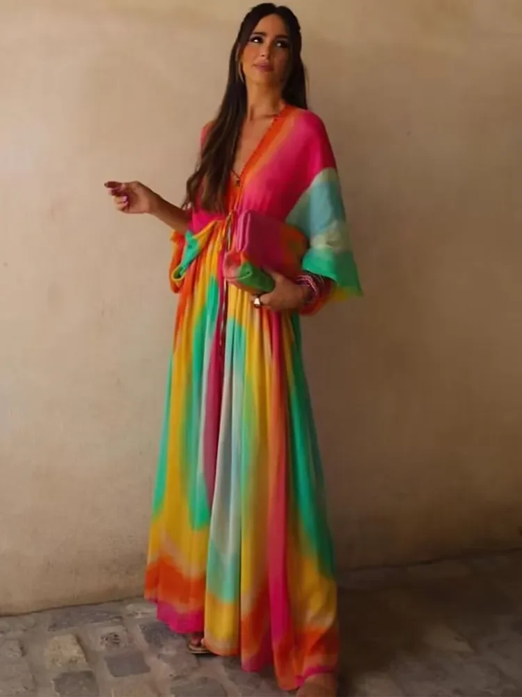 

Длинные платья Tie Dye для женщин, новинка 2023, плиссированное свободное летнее платье, женское повседневное пляжное платье, женское Полупрозрачное платье