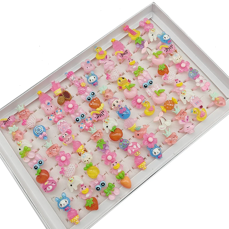 50/100pcs/Lot Factory Mix Style Lovely Child Finger Rings for Children Open Adjust Design Resin Apple Cute Rabbit Ice Cream Kids 5