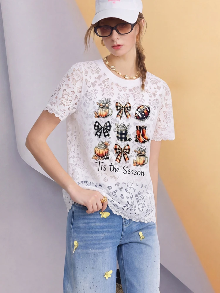 Women Black Lace Graphic Top Vintage Print Blouse Loose Fit Casual Streetwear Tee Shirt Fashion Summer Top 6