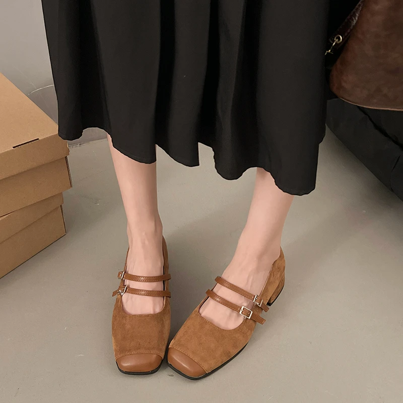 Aphixta Loafers Wine Red 3cm Square Heels Shoes Non-slip Women Buckle Design Sweet Woman Shoes Classic Autumn Marry Janes