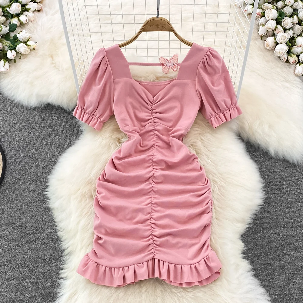 

2022 Summer Korean Square Neck Butterfly Sexy Wrinkle Dress Women Slim Point Short Wrap Hip Dress Ruffle Fishtail Dress