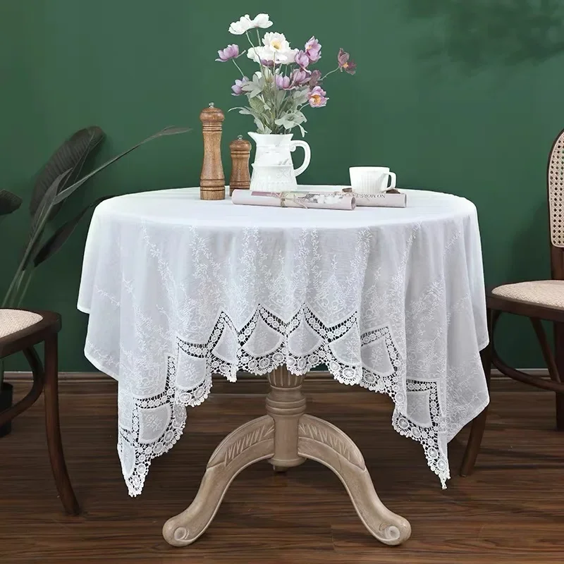 

French White Lace Flower Embroidery 100% Cotton Tablecloth Luxurious Table Cover for Home Wedding Party Decoration Table Cloth