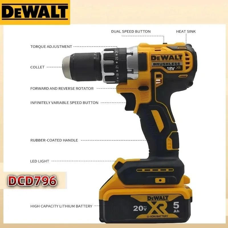 디월트 DCD796 무선 브러시리스 임팩트 드릴 브러시리스 드라이브 컴팩트 드릴 충전식 20V 배터리 휴대용 전동 공구