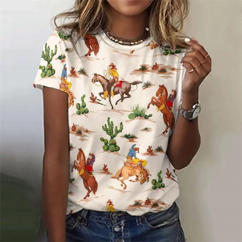 3D Printed Cowboy Horse T-Shirt For Women Colorful Animal Graphic T Shirts Summer Loose Tees Short Sleeves Round Neck Tops 2