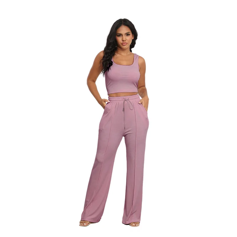 Summer New Women's Thread Knit Sleeveless Crop Top High Waist Wide Leg Pants Suit Fashion Casual Sexy Women's Two-piece Suit
