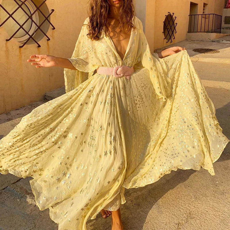 Women Bronzing Star Print Long Party Short Sleeve Loose Boho Maxi Dress 1