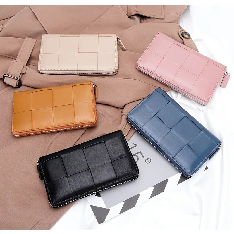 Sheepskin Handbag Women Wallet Real Leather Purse Woven Large Capacity Multi Card Zipper Bag