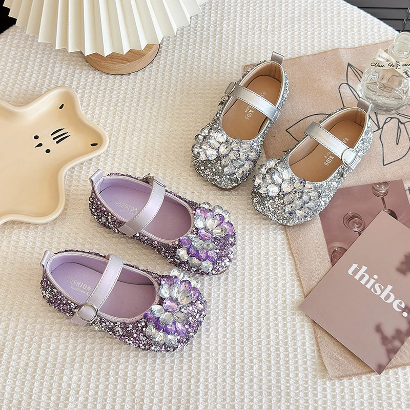 New Luxury Girl Shoes Spring Autumn Shallow Children Fashion Princess Ballet Shoes Sequins Rhinestone Kids Wedding Party Shoes