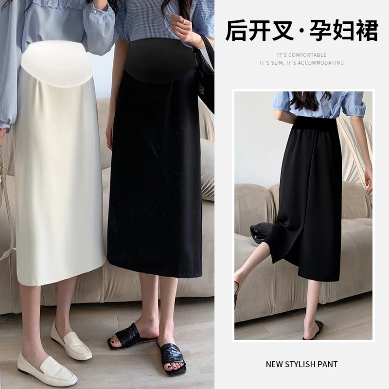 Summer Thin Drappy OL Youth Maternity Skirts Back Splits A Line Loose Belly Clothes for Pregnant Women Casual Pregnancy