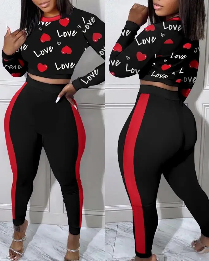 

Two Piece Sets Womens Outifits 2022 Autumn Fashion Love Heart Print O-Neck Long Sleeve Top & Contrast Paneled Skinny Pants Set