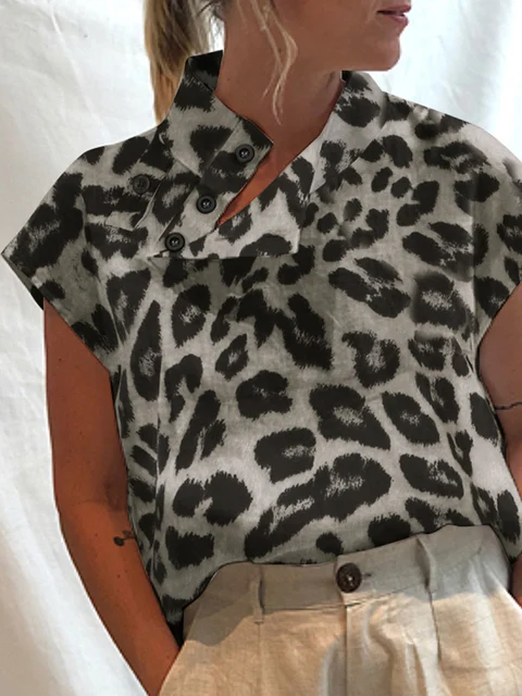 Celmia Women Short Sleeve Blusas 2022 Summer Cotton Linen Shirts Fashion Oversized Blouses Casual Loose Camisas Solid Tunic Tops Grey (Leopard)