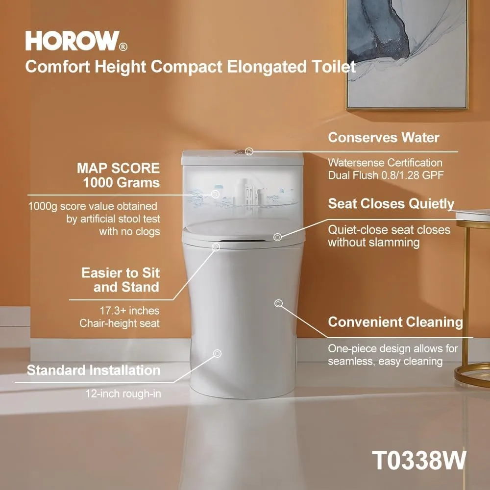 Compact One Piece Toilet with Comfort Chair Seat , Elongated Dual Flush 0.8/1.28 GPF and MAP 1000g, Standard White Toilet Bowl 3