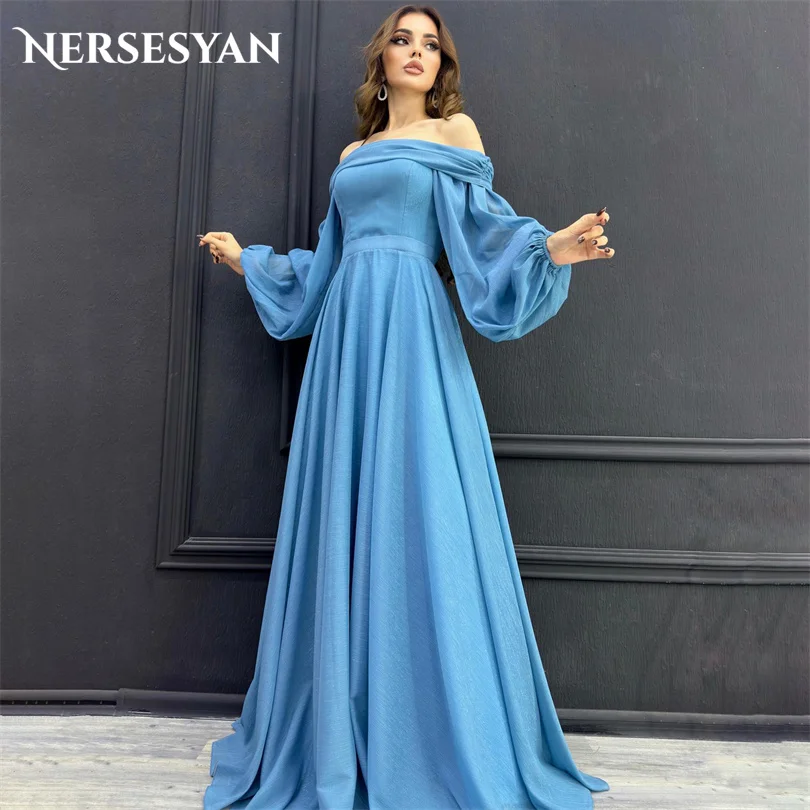 

Nersesyan Elegant Off Shoulder Formal Party Gowns Chiffon Long Sleeves A Line Pleats Evening Dresses Graduation Prom Dress 2023