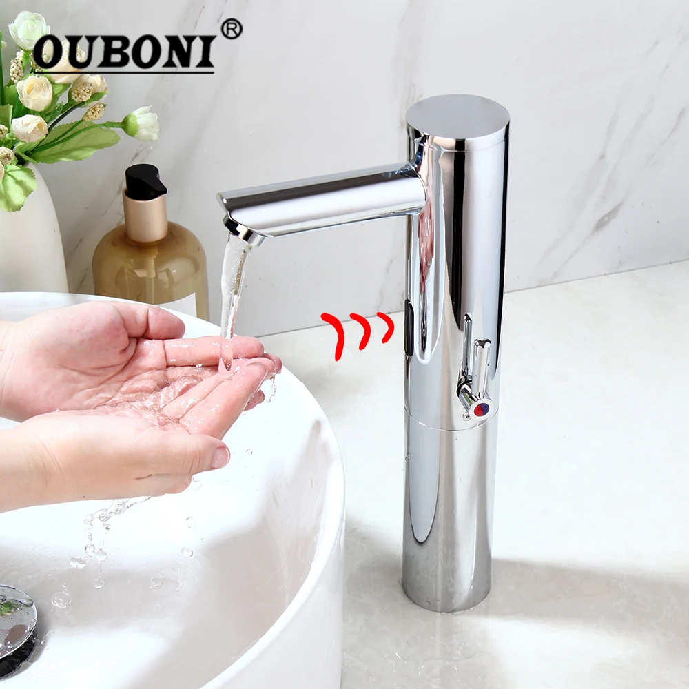Rubinetti Per Lavabo Con Sensore Intelligente Per Bagno Ouboni Miscelatore Per Lavabo Automatico Touchless A Parete Cromato Rubinetti Per Acqua Calda 