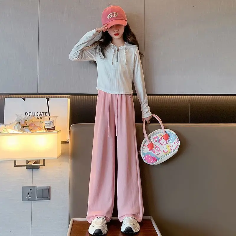 

Girls' Sets 2023 Spring Autumn Solid Pullover Sweatshirts Loose Causal Wide-leg Pants Two Pieces Hooded Drawstring Korean 5-12
