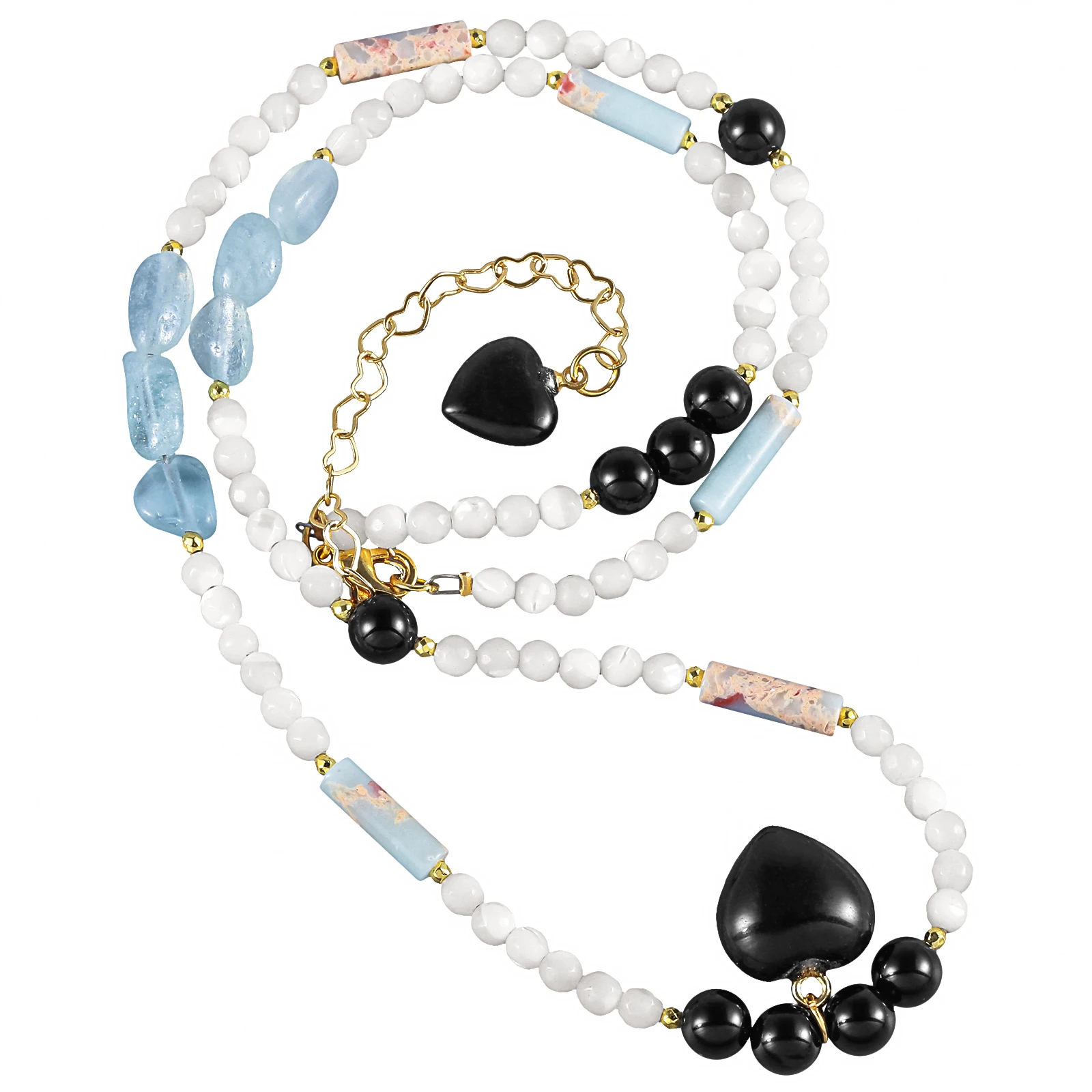 

Love Heart Stone Pendant White Shell Round Beads Irregular Aquamarine Chip Stones Beaded Necklace For Women Jewelry