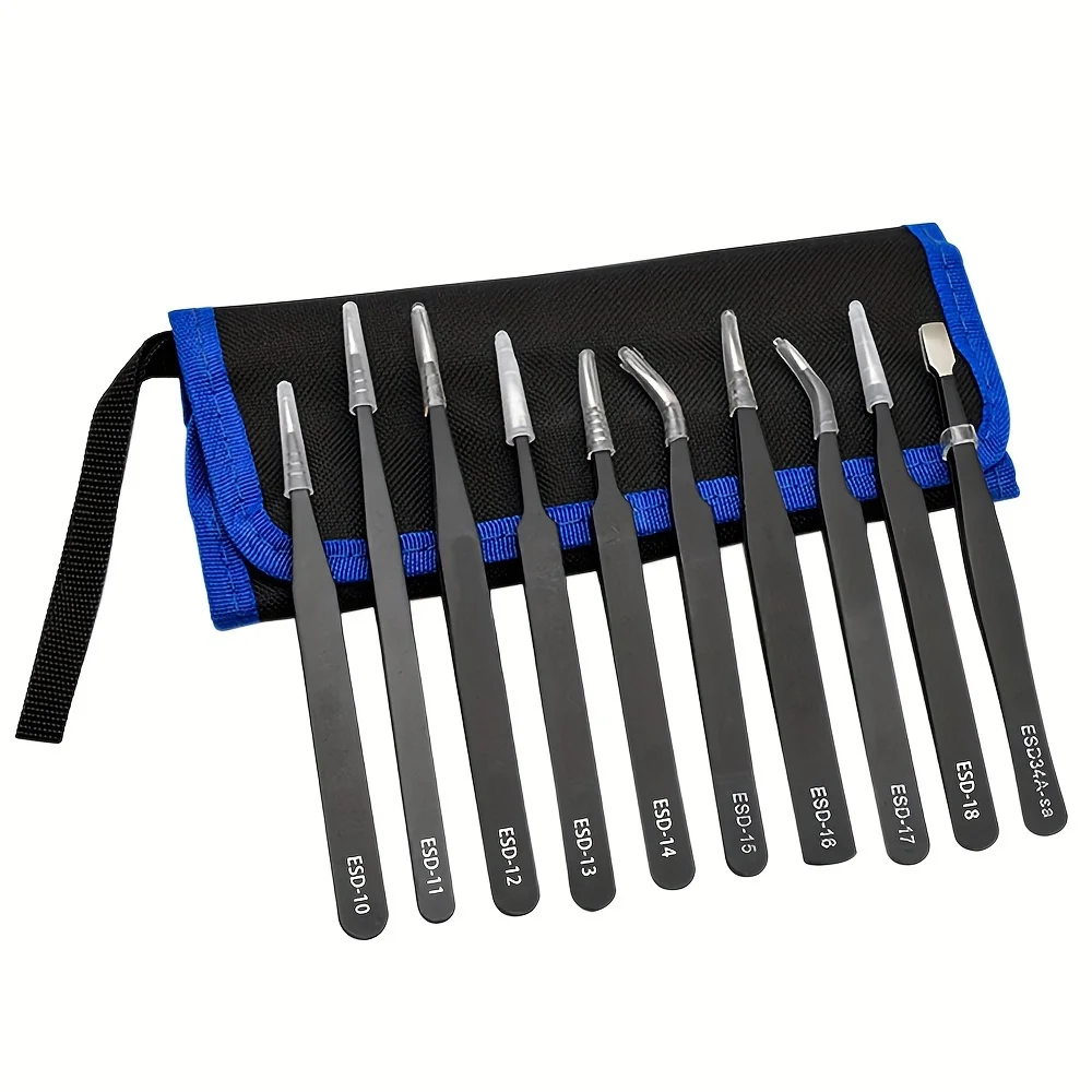 Lot complet de dix pincettes antistatiques en acier inoxydable, présentées sur fond neutre, pour électronique, bijoux et artisanat.
