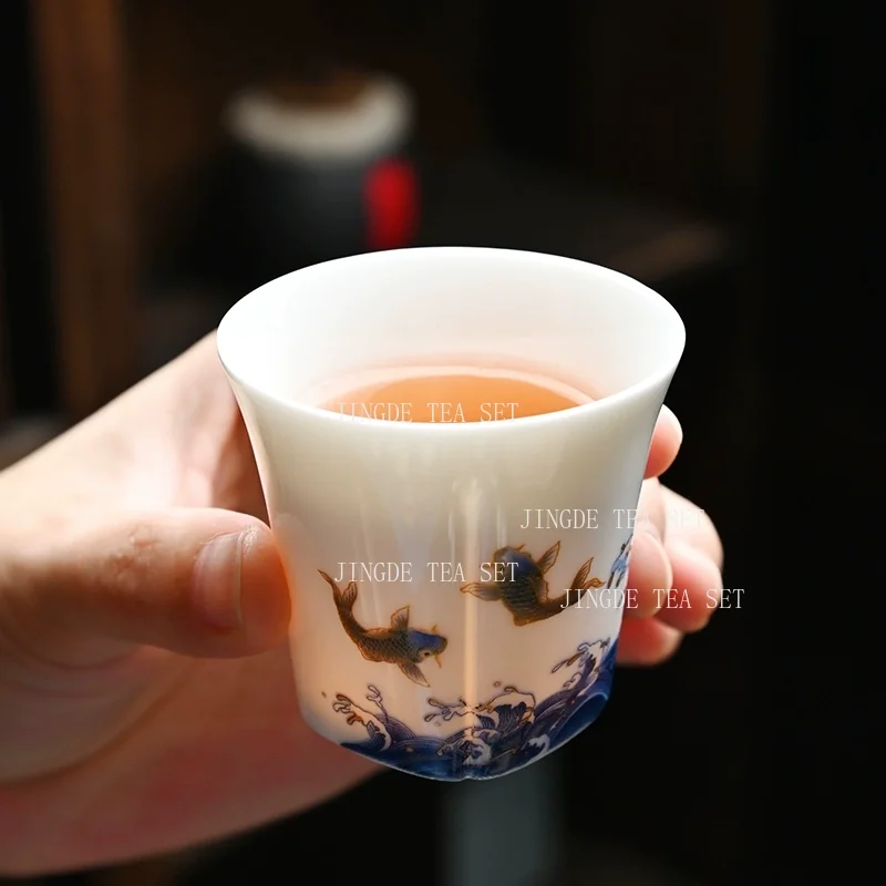 1pcs 65ml Wave Sheep Fat Jade Teacup Handmade White Porcelain Tea Cup Chinese Style Household Personal Tea Cup Drinking Utensils