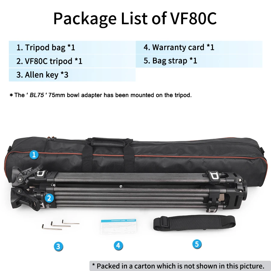 VF80C Professional Carbon Fiber Video Tripod 186cm & Hydraulic Fluid Video Head