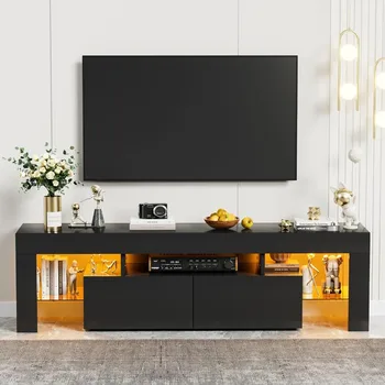 Modern LED TV Stand for Televisions up to 70 Inch with Glass Shelves and Drawer, Gaming Entertainment Center with Multiple 2
