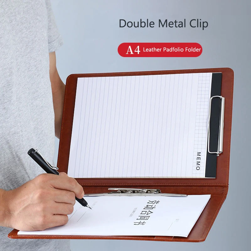 A4 PU Leather Padfolio Portfolio with Double Metal Clip and Memo Pad