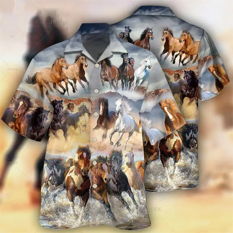 Camisa con estampado de vaquero occidental para hombre, blusa de manga corta con estampado de caballo en 3D, ropa masculina de gran tamaño estilo vintage, blusa informal y cómoda con cuello