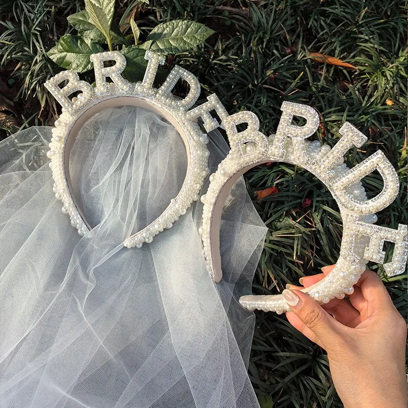 Bride To Be fascia per capelli con corona di perle con velo Mrs WIFEY accessori per capelli da sposa di lusso regalo per la decorazione della cena di fidanzamento di nozze - Image 5