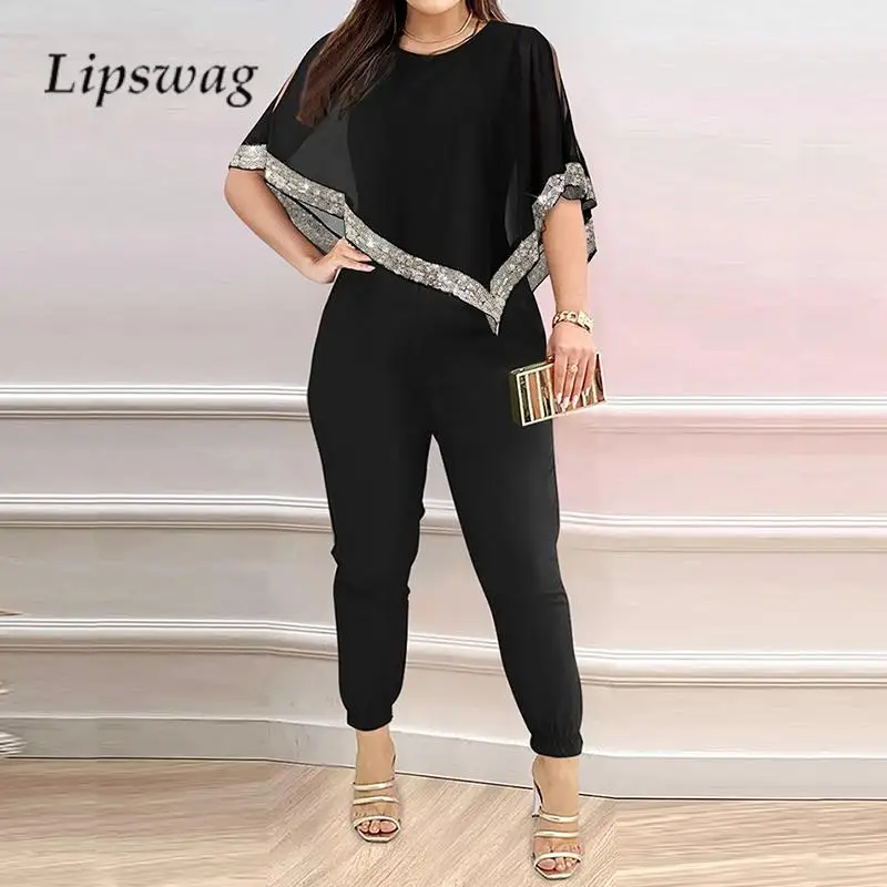 

Elegant Ladies Sequin Splicing Set Fashion O Neck Irregular Top+Pants 2pcs Set 2023 Ladies High Waist Pencil Pants Matching Set