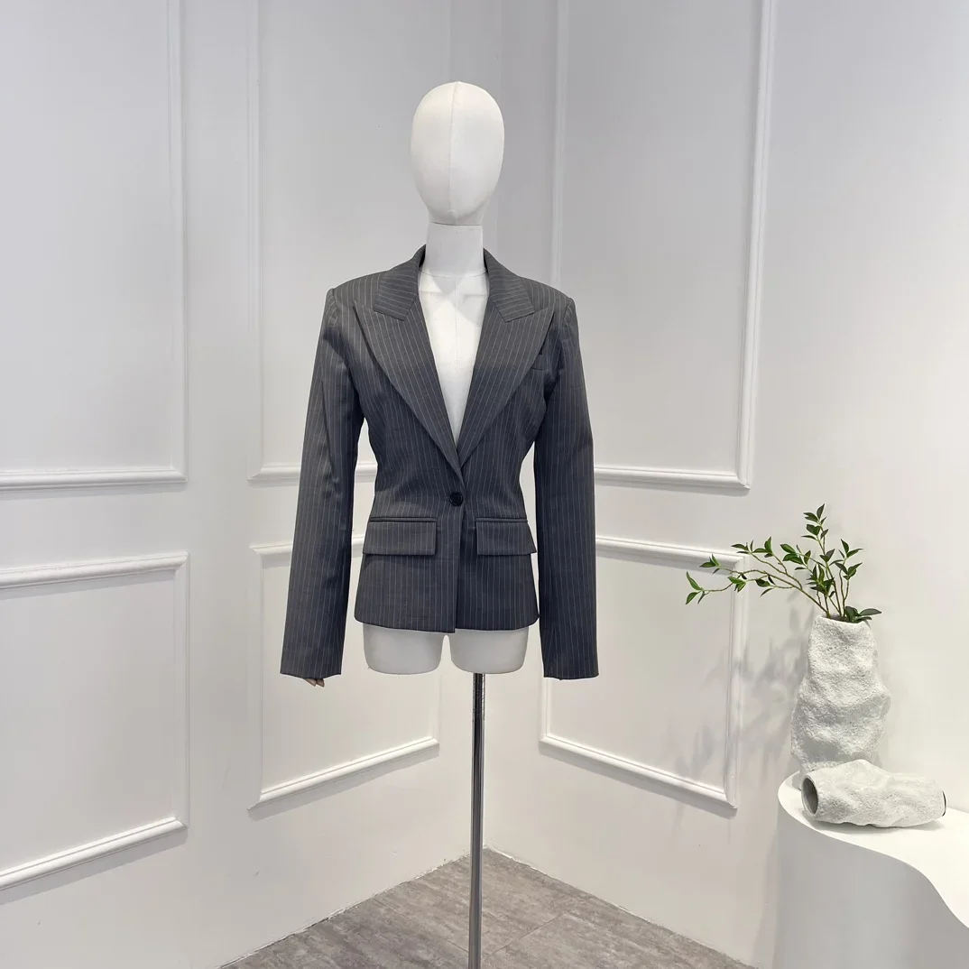 

2023 New Autumn High Quality Turn-down Collar Single Button Solid Color Striped for Office Lady Clothing
