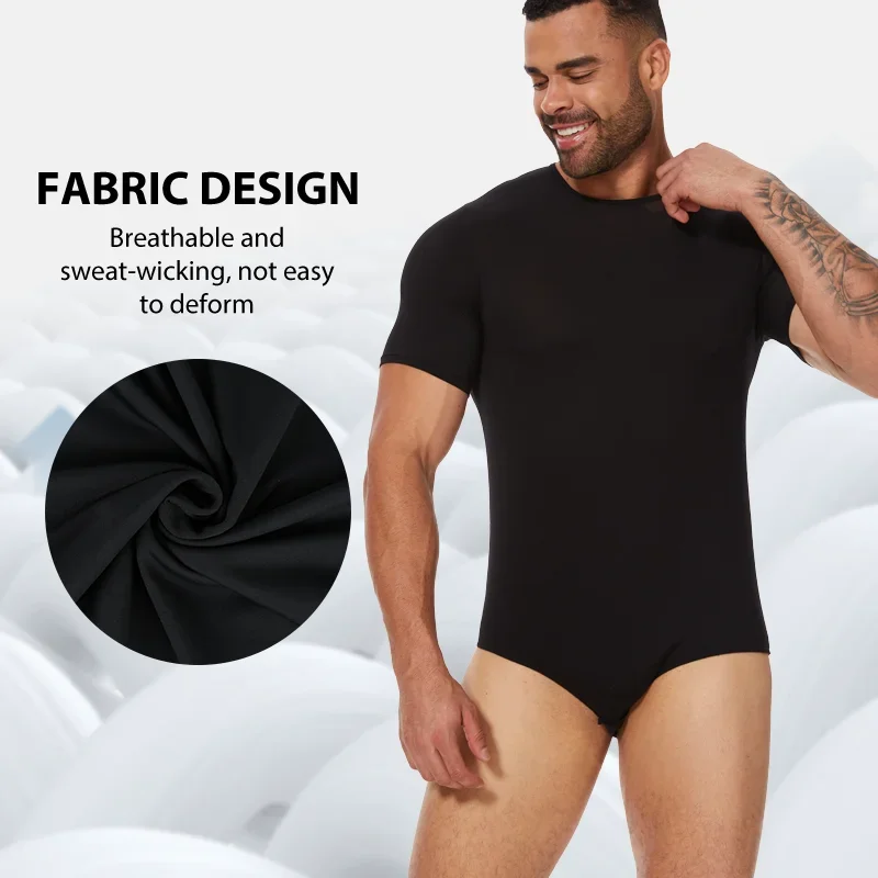 Men Bodysuits Shapewear Bodysuit for Men Tummy Control Flat Belly Leotard Short Underwear Round Neck Undershirt Soft Breathable Sleepwear