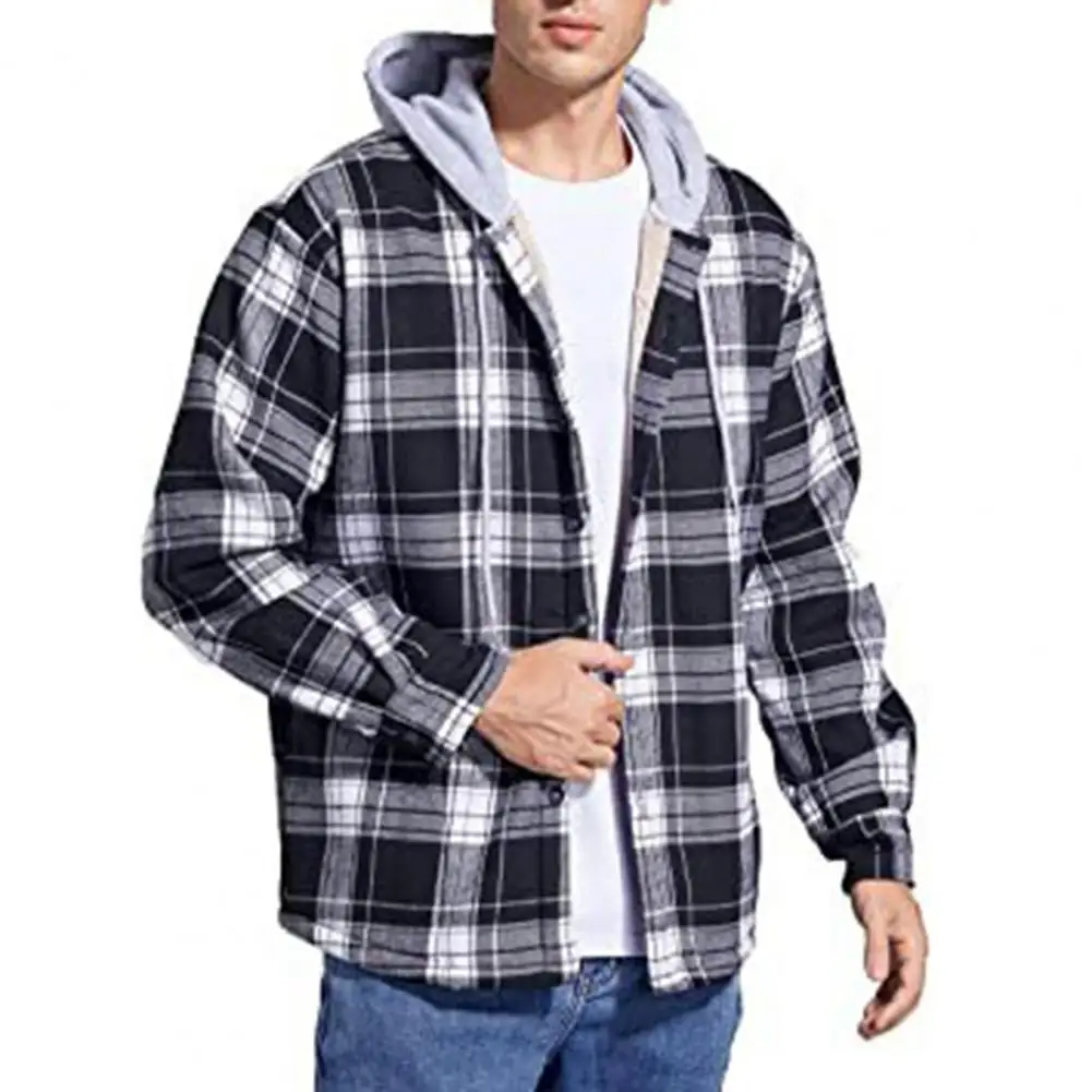 

Loose Fit Coat Stylish Men's Plaid Pattern Cardigan Fleece Lined Hooded Coat with Drawstring Loose Fit Single Breasted Design