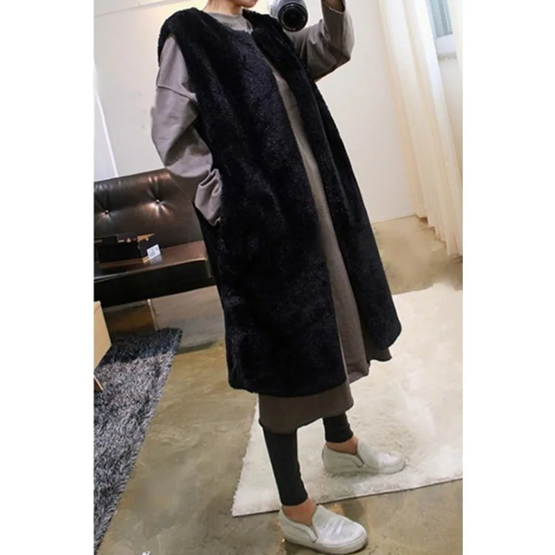 Autumn Winter Women Long Faux Fur Vest Faux Rabbit Fur Black Vest Sleeveless Jacket Plus Size Waistcoat Thick Coat Luxury Brand