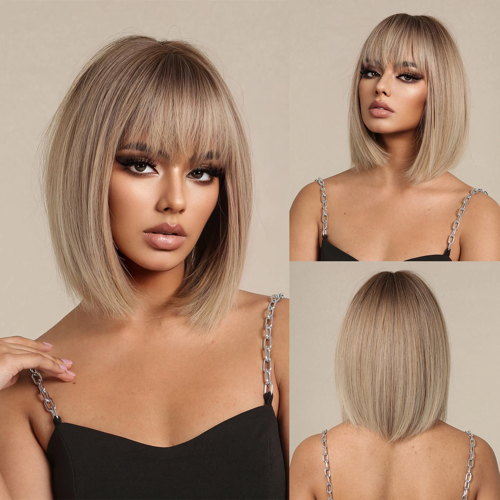 Light Brown Ombre Synthetic Wigs Short Straight Bob Wig for Women Afro Heat Resistant Cosplay Daily Use Natural Hair with Bangs