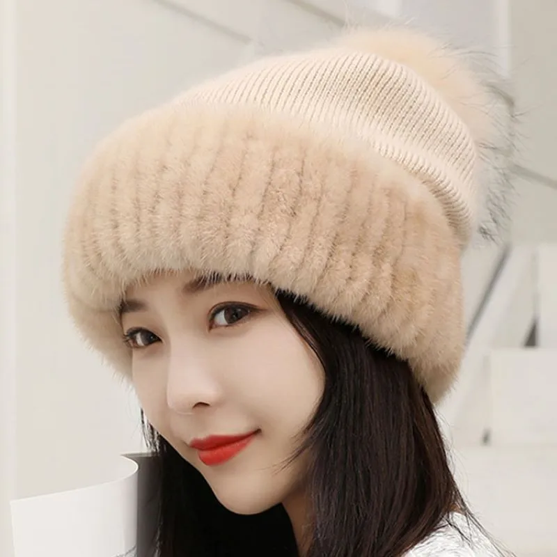 

Winter Mink Fur Hats For Women Slouchy Wool Hats With Fox Fur PomPom Caps New Style Girls Beanies Fashion Winter Hat