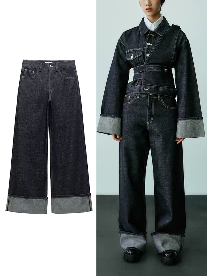 TRAF Women's New High-Waisted Jeans Slim High-Waisted Trailing Trousers Rolled Leg Loose Jeans Fashion Casual Wide-Leg Jeans