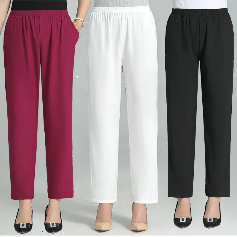 

Women's Summer Pants 2024 New Solid Elastic High Waist Baggy Trousers Middle-aged Mother Casual Loose Straight Cropped Pants 5XL