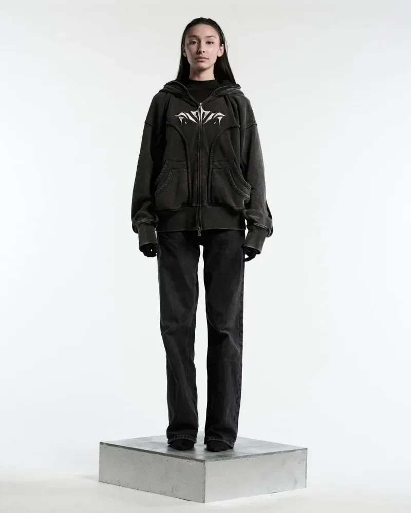 Y2K Harajuku Ninja zip up Hoodie Oversized Embroidered Washed Double Hat sweatshirt American style StreetWear Goth Men Women Top 4