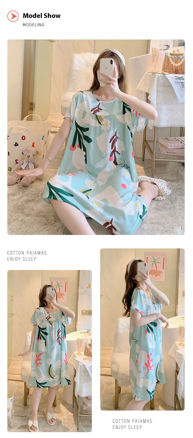 Summer Cotton Silk Nightgown Women's Home Wear Short-Sleeved Cartoon Print Pajamas Burst Large Size Spring and Autumn Home Wear