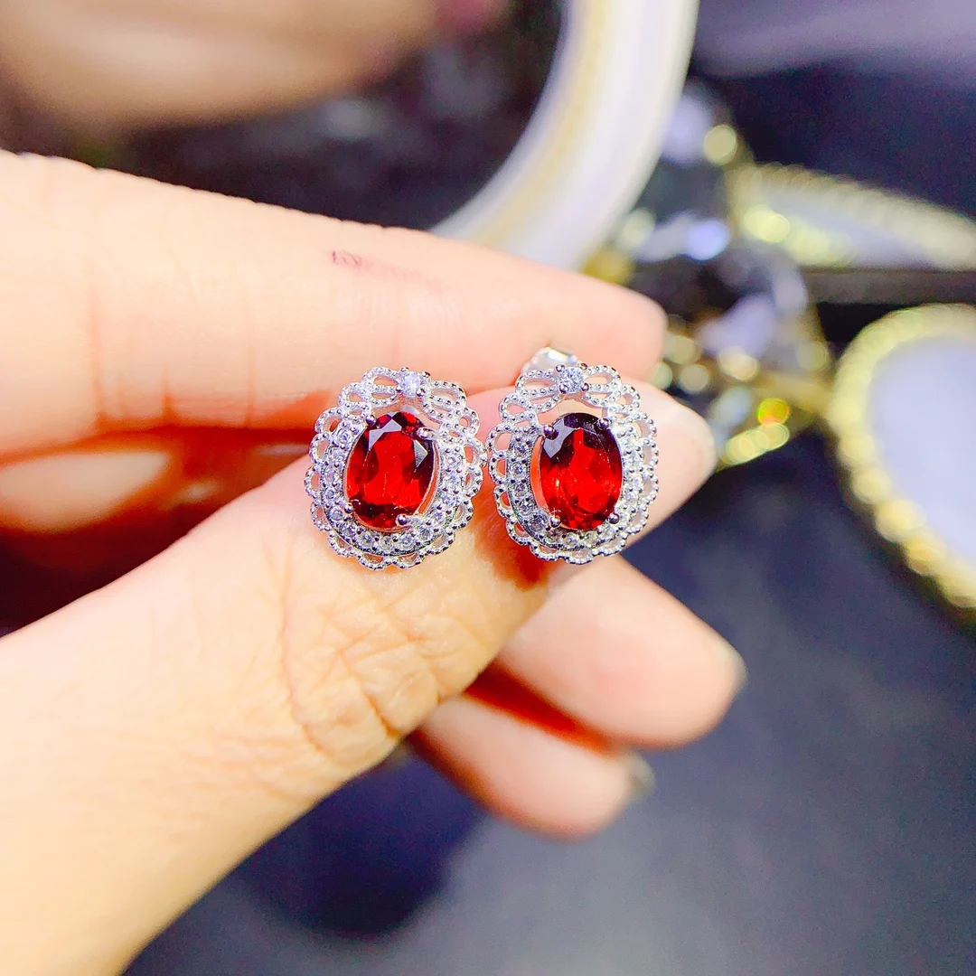 

Silver 925 Natural garnet powder crystal color Blue treasure luxury women's ear studs women's gift free shipping fine jewelry
