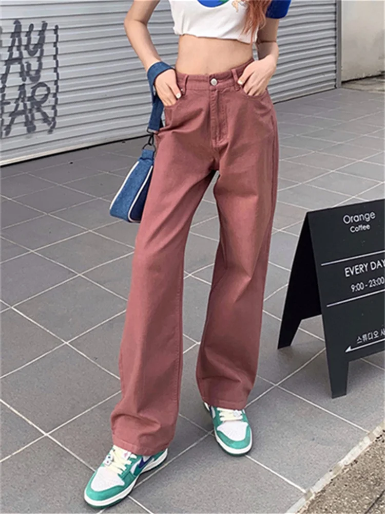 

Brick Red Vintage Jeans for Woman High Waisted Straight Wide Leg Pants Streetwear Y2k Korean Fashion Extend Jeans