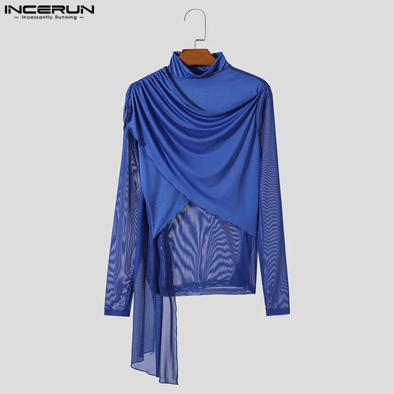 INCERUN Tops 2024 Camisetas de diseño de cinta de deconstrucción cruzada de estilo americano para hombre Camisetas de moda para hombre Camiseta fina de manga larga S-5XL