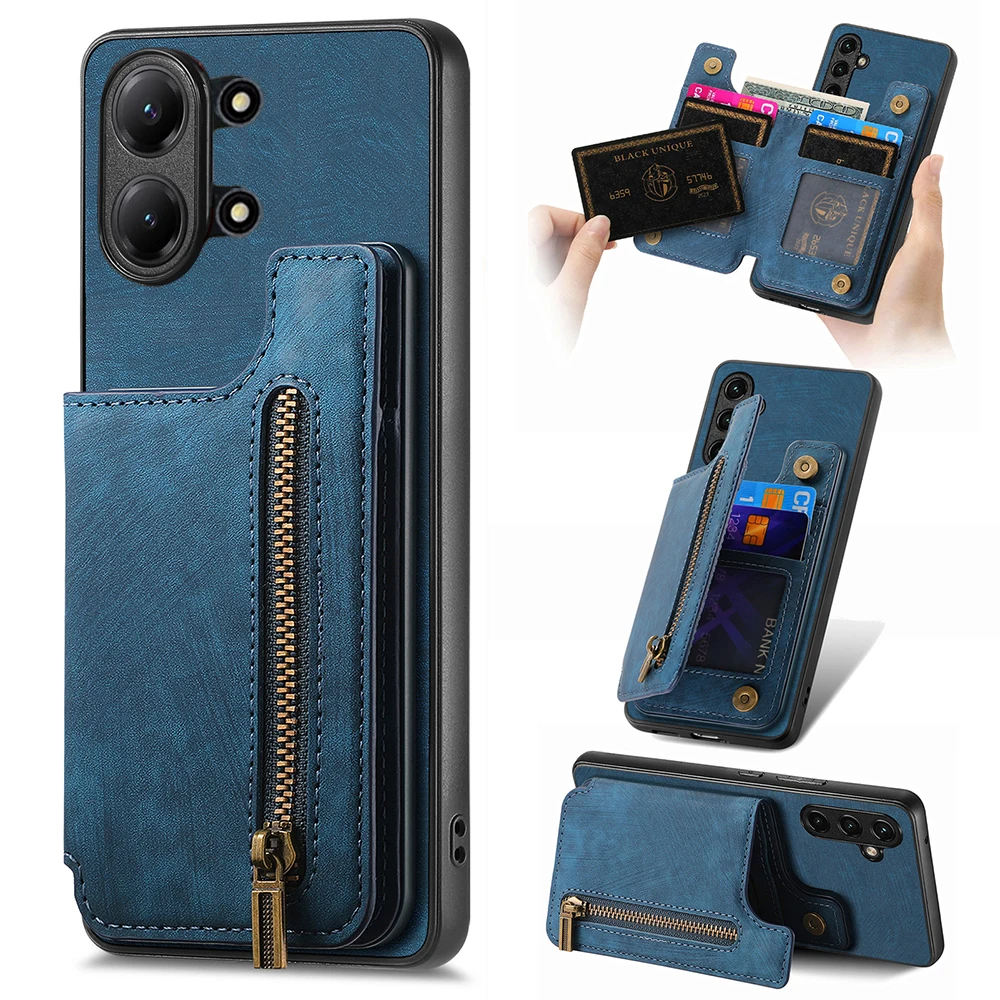 Zipper Leather Card Case with Magnetic Phone Holder and Back Cover
