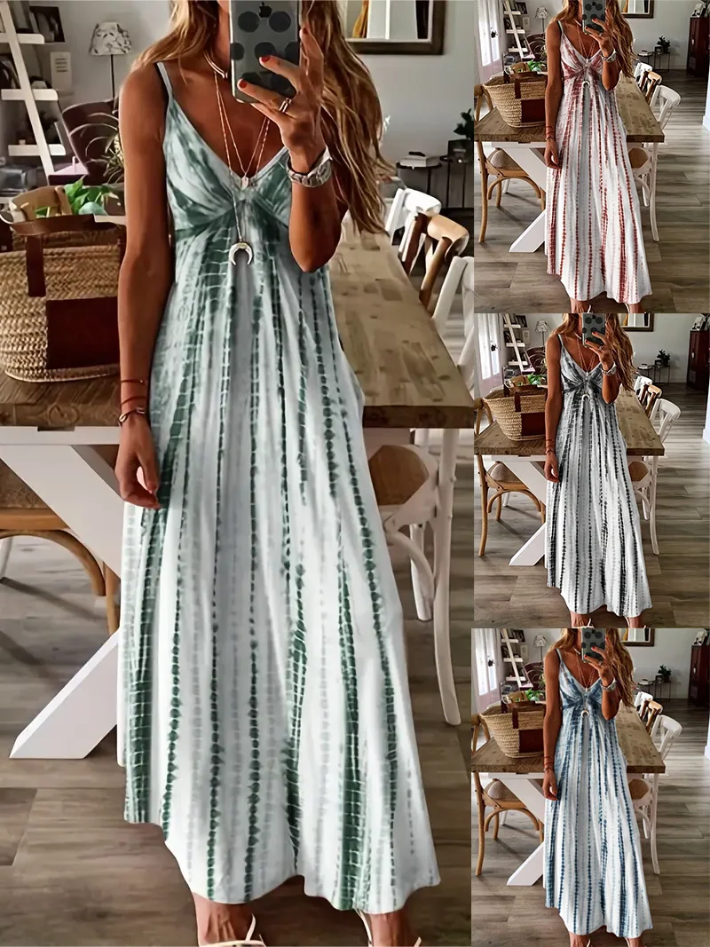 Sexy Maxikleid mit Grafikdruck, hoher Taille und V-Ausschnitt für Damen