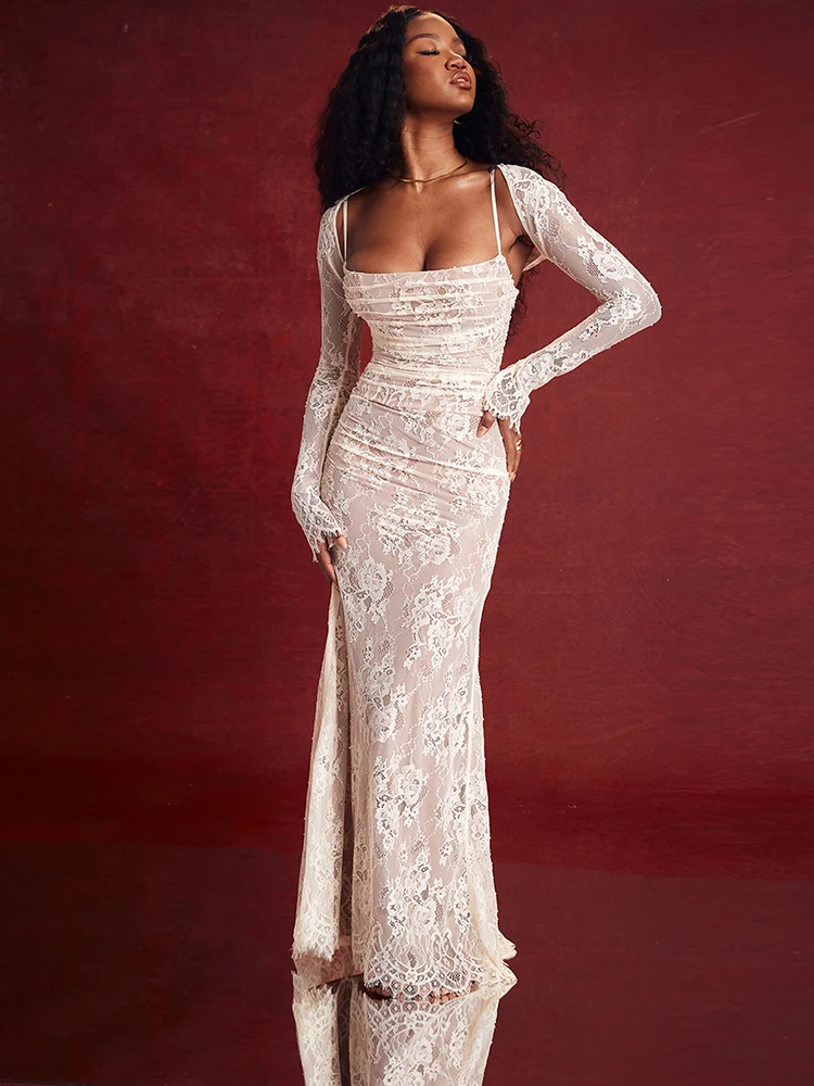 

2023 модное женское привлекательное кружевное платье с длинным рукавом на бретелях со складками и вышивкой банкетное вечернее платье