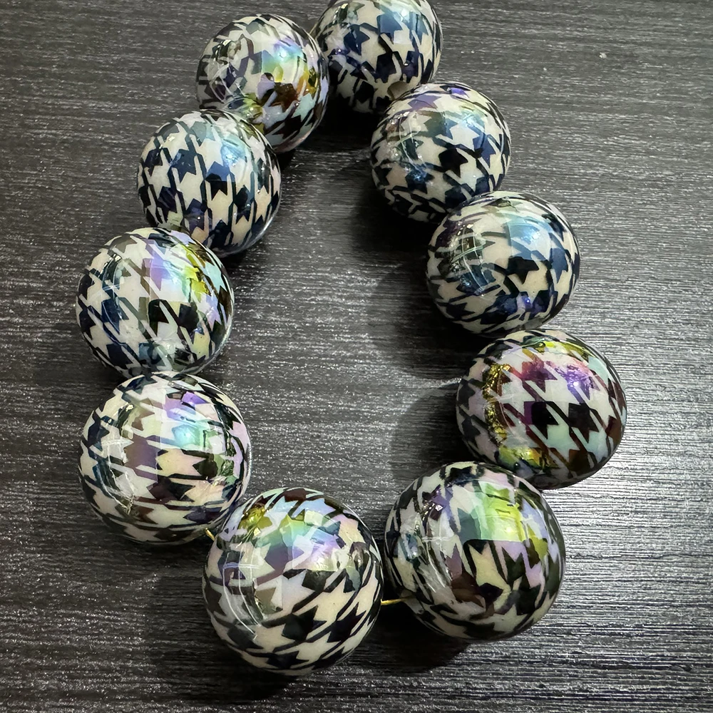 도매 최신 20mm 100개/봉지 블랙 하운드투스 프린트 UV/AB 도금 비즈 패션..