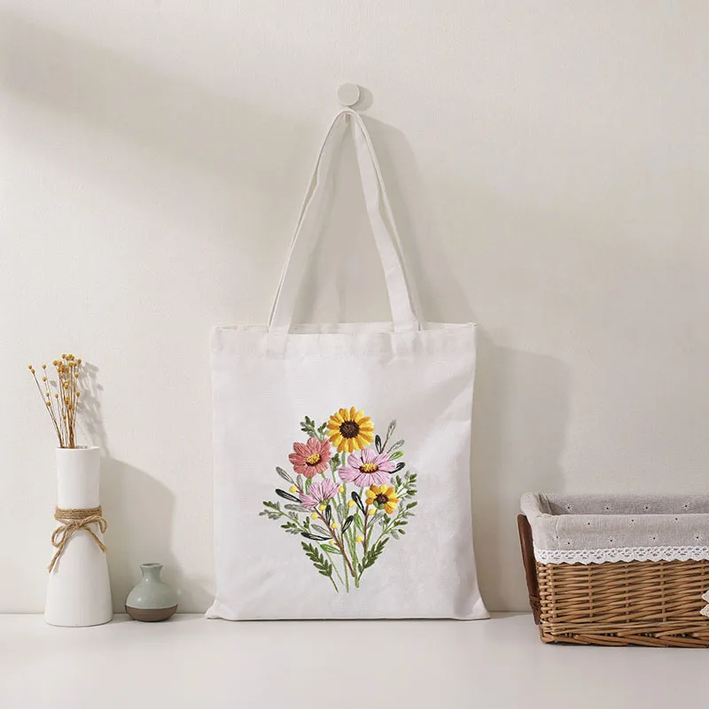 Embroidery Kit For Beginner Canvas Tote Bag flower Pattern Cross Stitch Kits Stamped Embroidery Bag Hoops Needle