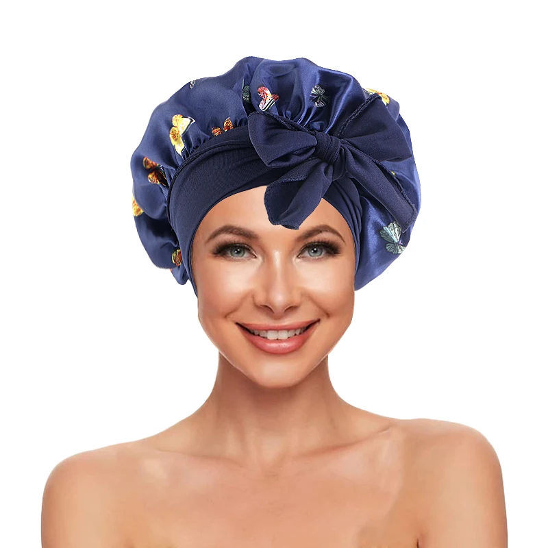 

New Women print Satin Sleeping Cap Silky Nightcap Bonnet With Headband Adjustable Night Sleep Cap Soft Headcover Shower Turban