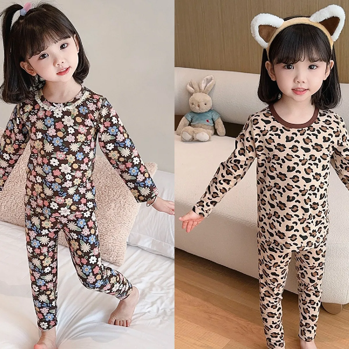 Children's underwear set baby long johns winter girls leopard print floral loungewear pajamas two-piece set spring and autumn