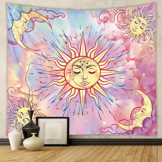 Belle tapisserie de décoration intérieure, fleurs de mandala psychédélique, soleil et lune, mur de la maison 4