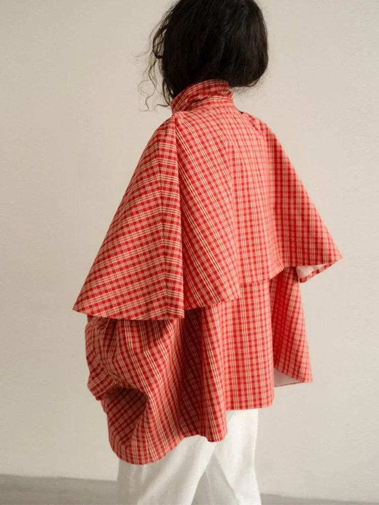 Women's Red Plaid Stand Collar Loose Checkered Windbreaker Jacket — photo 2